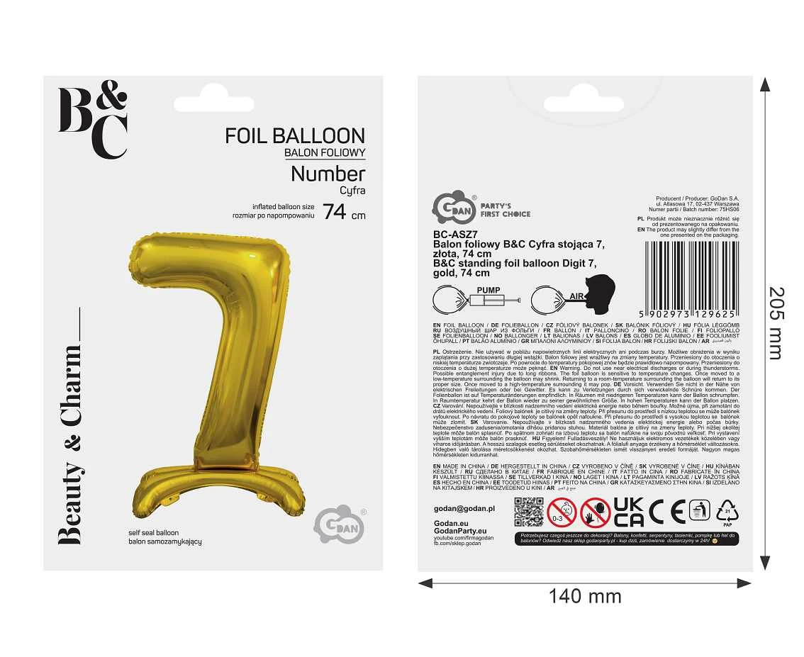 Balon foliowy B&C Cyfra stojąca 7, złota, 74 cm AA