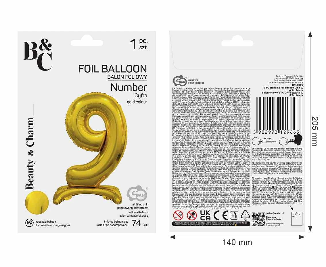 Balon foliowy B&C Cyfra stojąca 9, złota, 74 cm AA