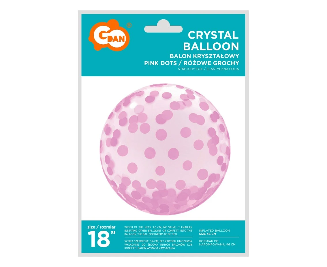 Balon Aqua 18" - kryształowy, różowe grochy, KK