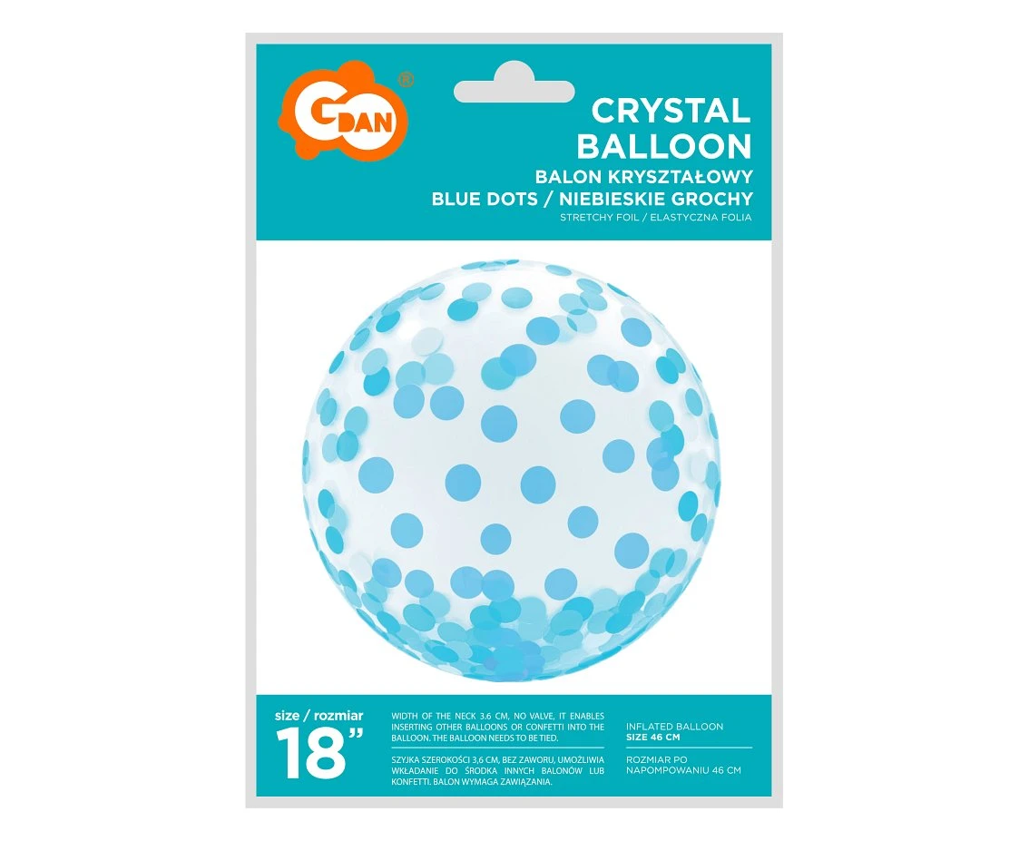 Balon Aqua 18" - kryształowy, niebieskie grochy, KK