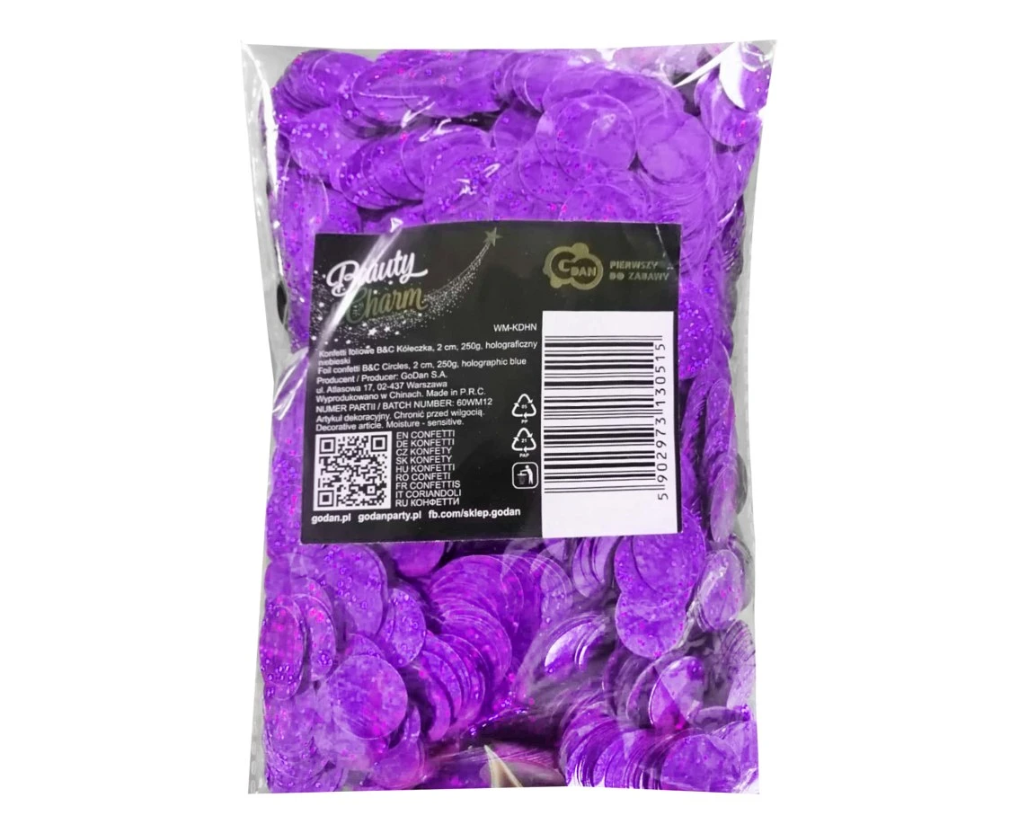 Konfetti foliowe B&C Kółeczka, 2 cm, 250g, holograficzna purpura KK