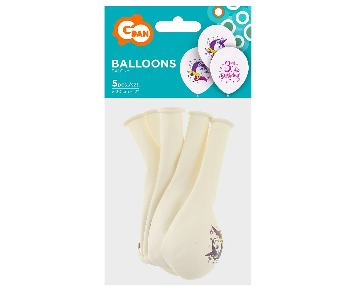 Balony 3 Urodziny (jednorożce), 12"/ 5 szt. KK