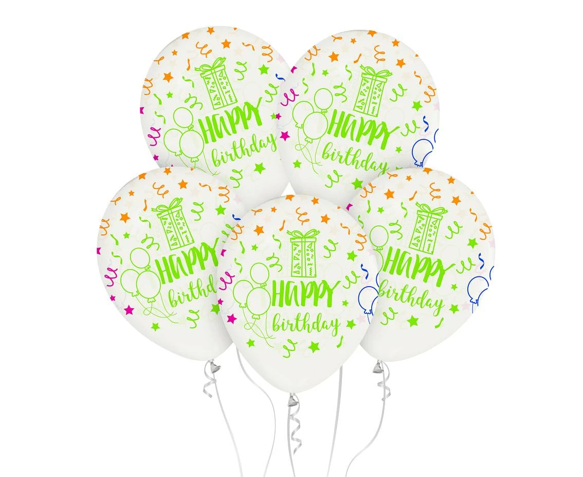 Balony Happy Birthday, 12"/ 5 szt.