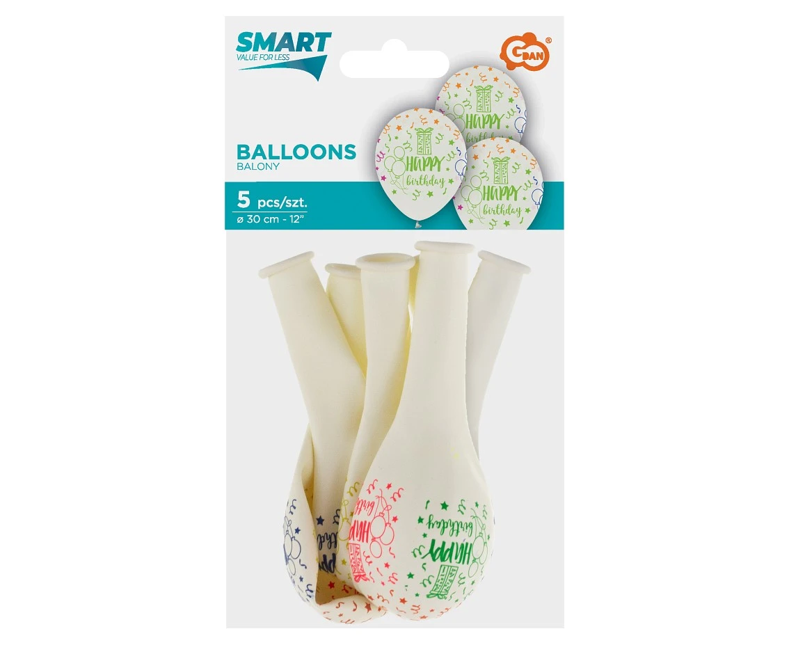 Balony Happy Birthday, 12"/ 5 szt.