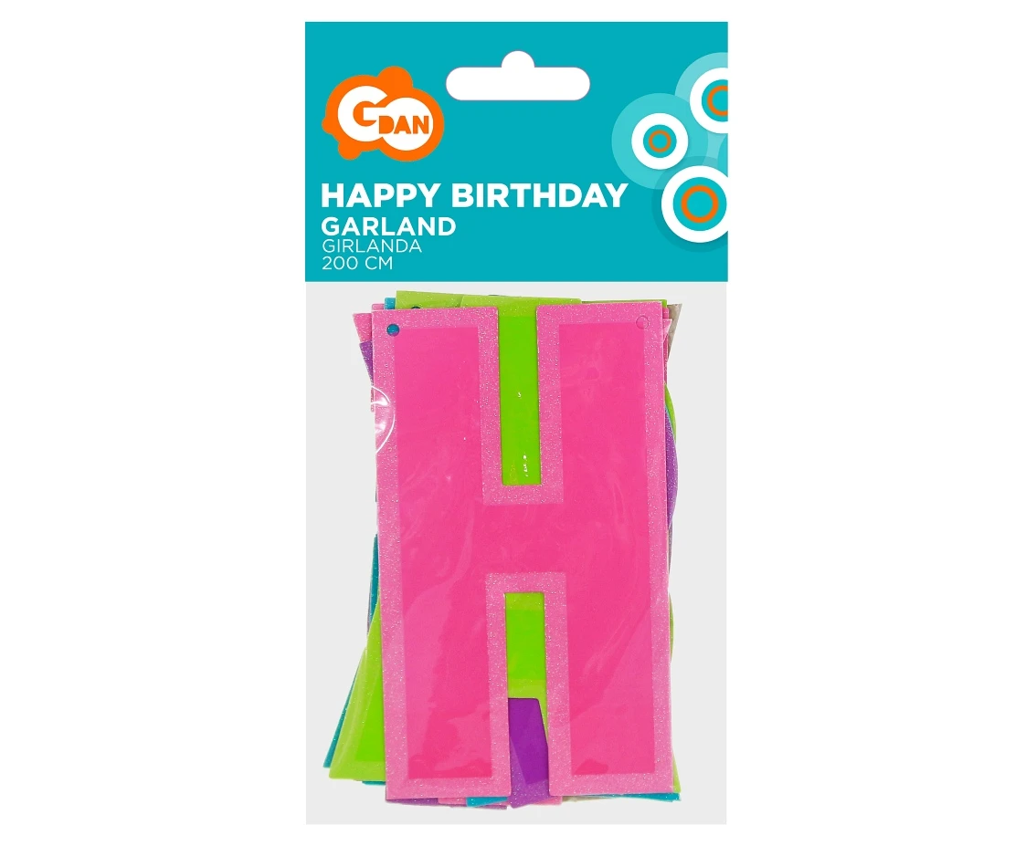 Girlanda papierowa Happy Birthday, kolorowa z brokatem, 200 cm KK