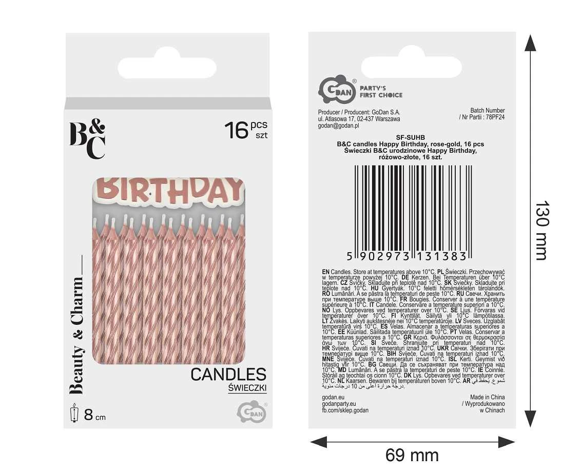 Świeczki B&C urodzinowe Happy Birthday, różowo-złote, 16 szt.