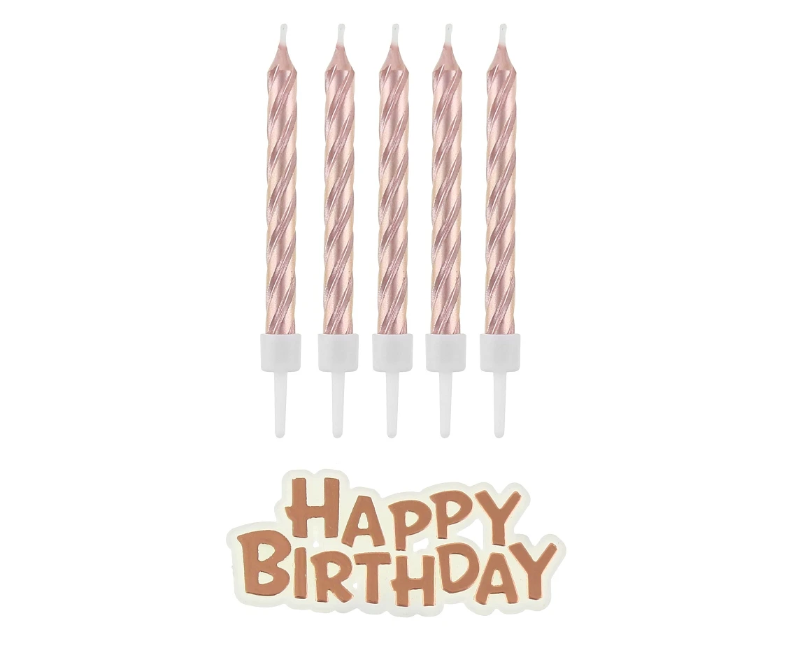 Świeczki B&C urodzinowe Happy Birthday, różowo-złote, 16 szt.