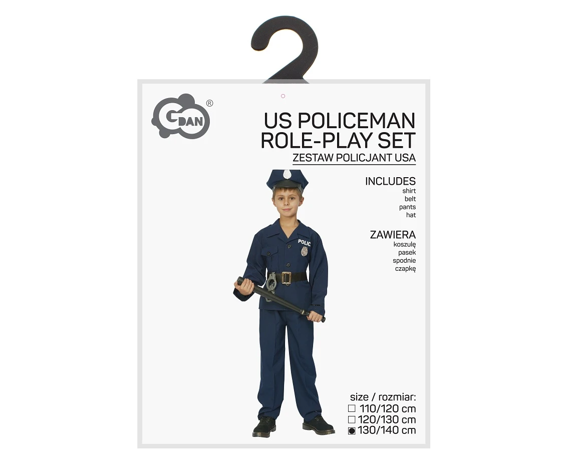 Zestaw dla dzieci Policjant USA (koszula, pasek, spodnie, czapka), rozm. 130/140 cm