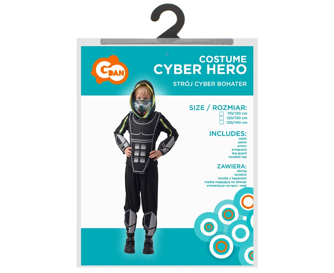 Strój dla dzieci Cyber Bohater (bluzka z kapturem, spodnie, maska reagująca na dźwięk, zbroja, ochraniacze na ręce i nogi), rozm. 110/120 cm, KK