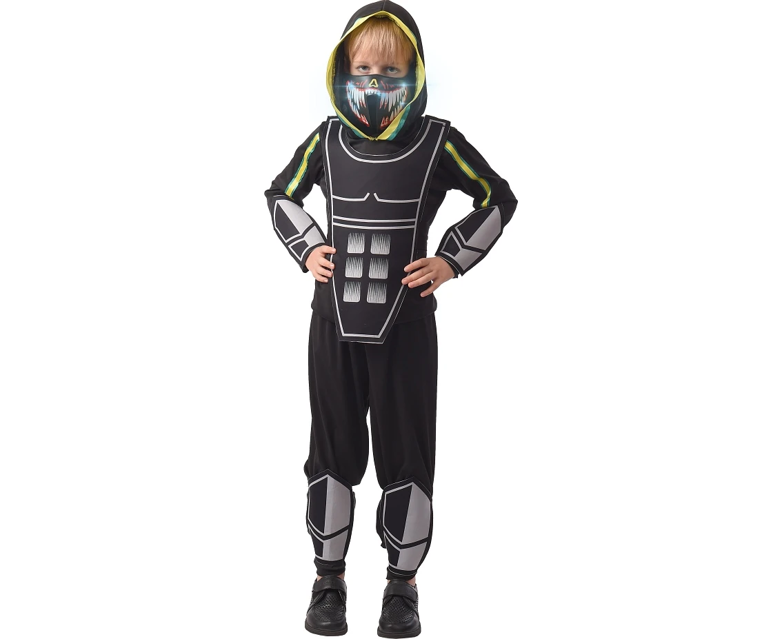Strój dla dzieci Cyber Bohater (bluzka z kapturem, spodnie, maska reagująca na dźwięk, zbroja, ochraniacze na ręce i nogi), rozm. 110/120 cm, KK