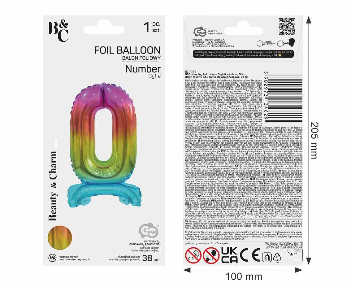 Balon foliowy B&C Cyfra stojąca 0, tęczowa, 38 cm