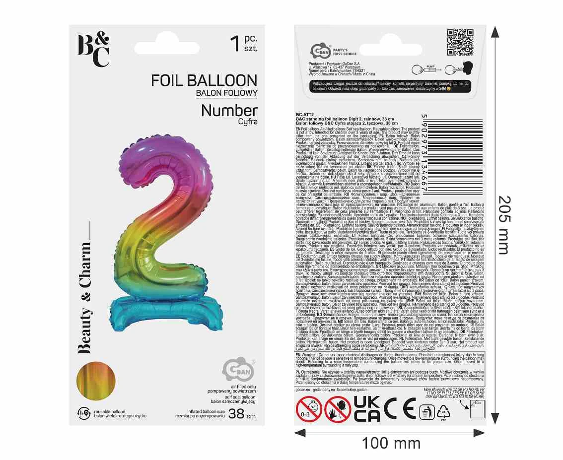 Balon foliowy B&C Cyfra stojąca 2, tęczowa, 38 cm