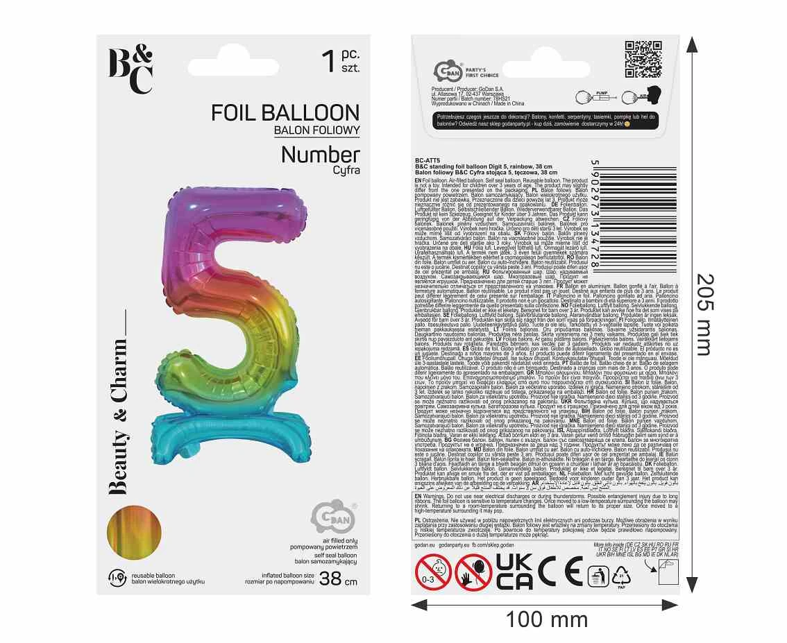 Balon foliowy B&C Cyfra stojąca 5, tęczowa, 38 cm