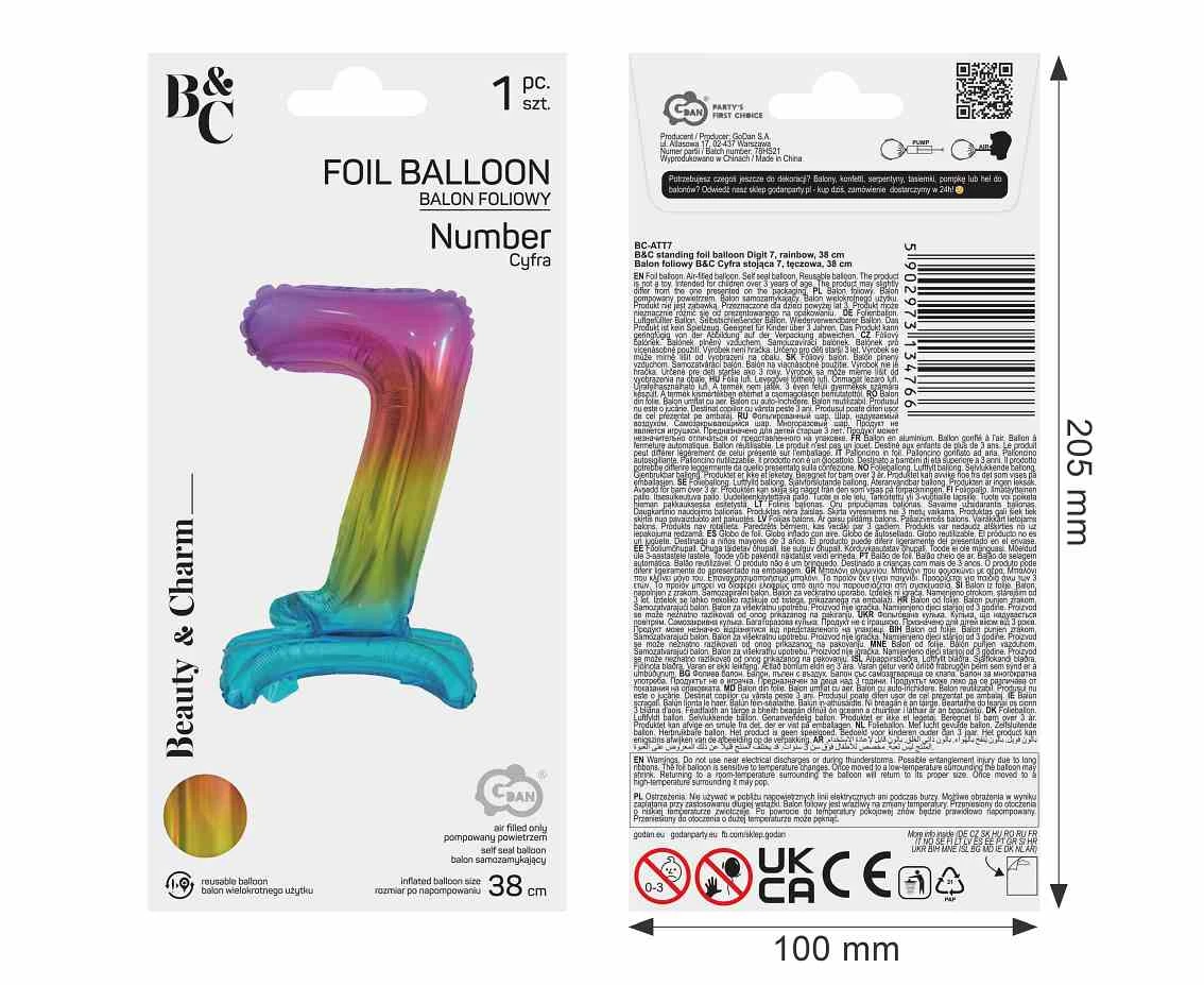 Balon foliowy B&C Cyfra stojąca 7, tęczowa, 38 cm