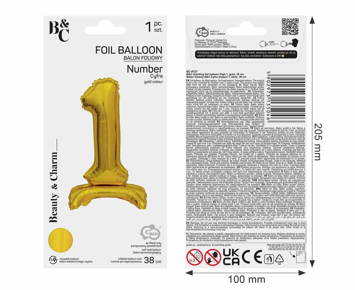 Balon foliowy B&C Cyfra stojąca 1, złota, 38 cm
