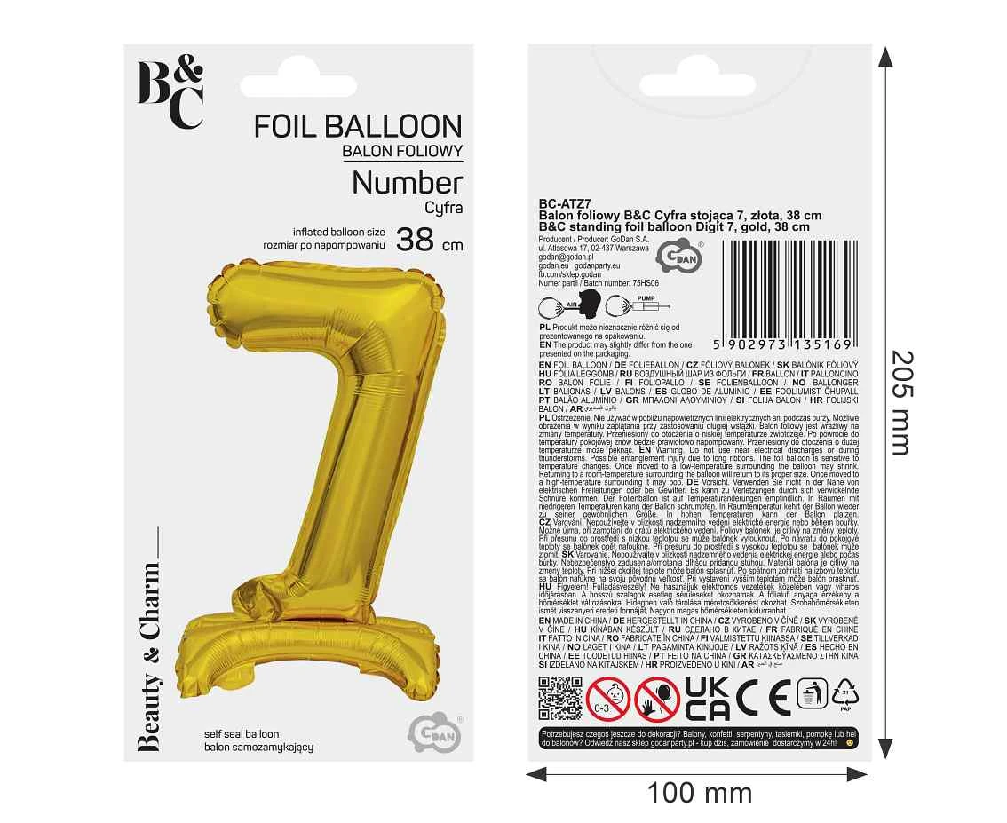 Balon foliowy B&C Cyfra stojąca 7, złota, 38 cm