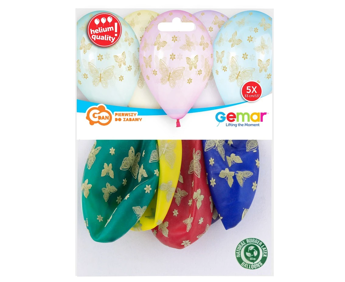 Balony Gemar 13", premium hel złote motylki, 5szt.
