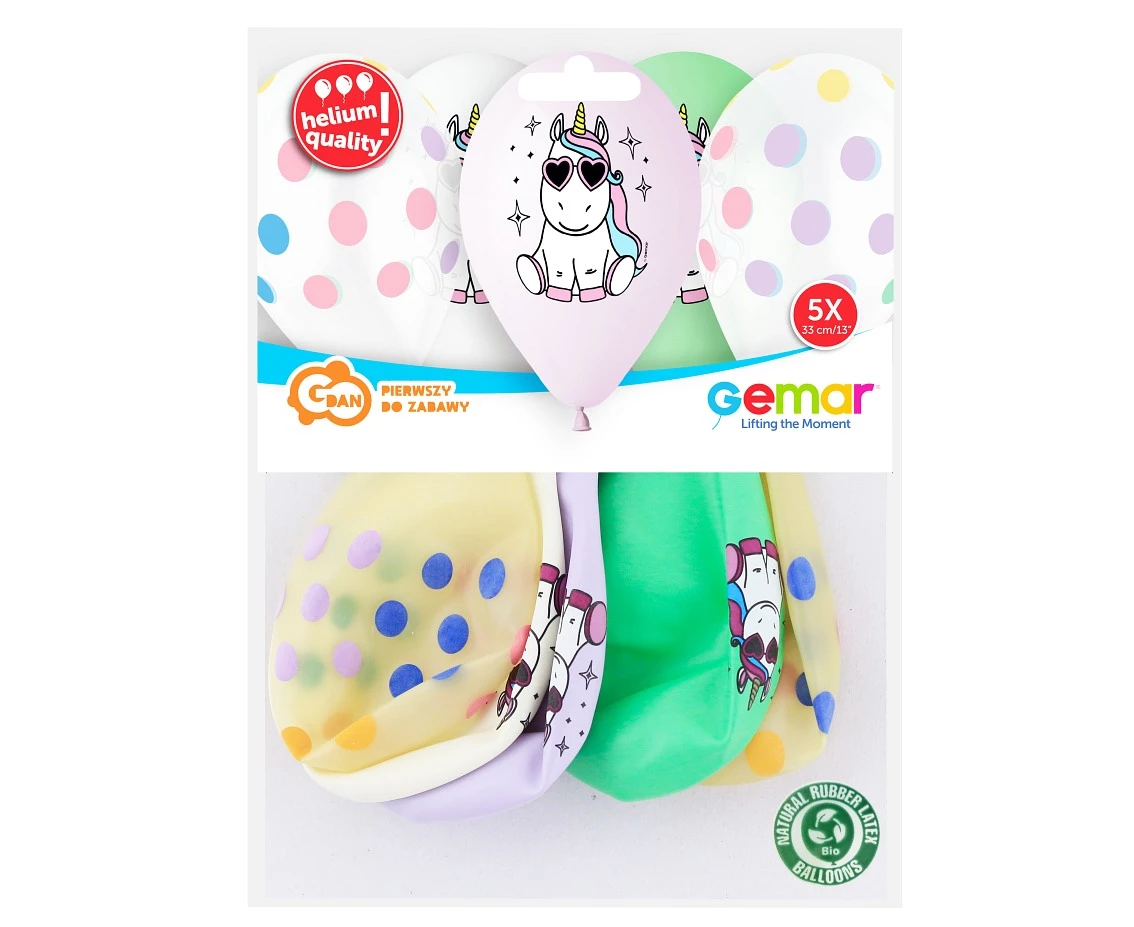 Balony Gemar 13", pastel premium hel wesoły jednorożec, 5szt.