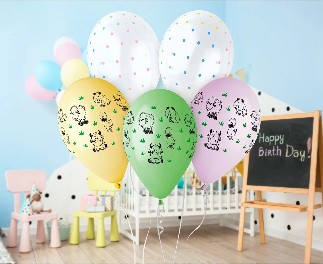 Balony Gemar 13", pastel premium hel zwierzątka z farmy, 5szt. KK