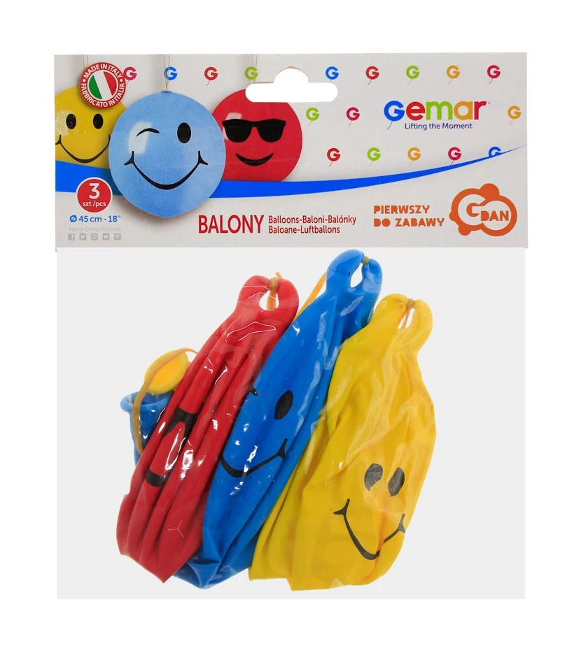 Balony Gemar, pastel premium uśmiechnięte piłki z gumkami, 3szt.