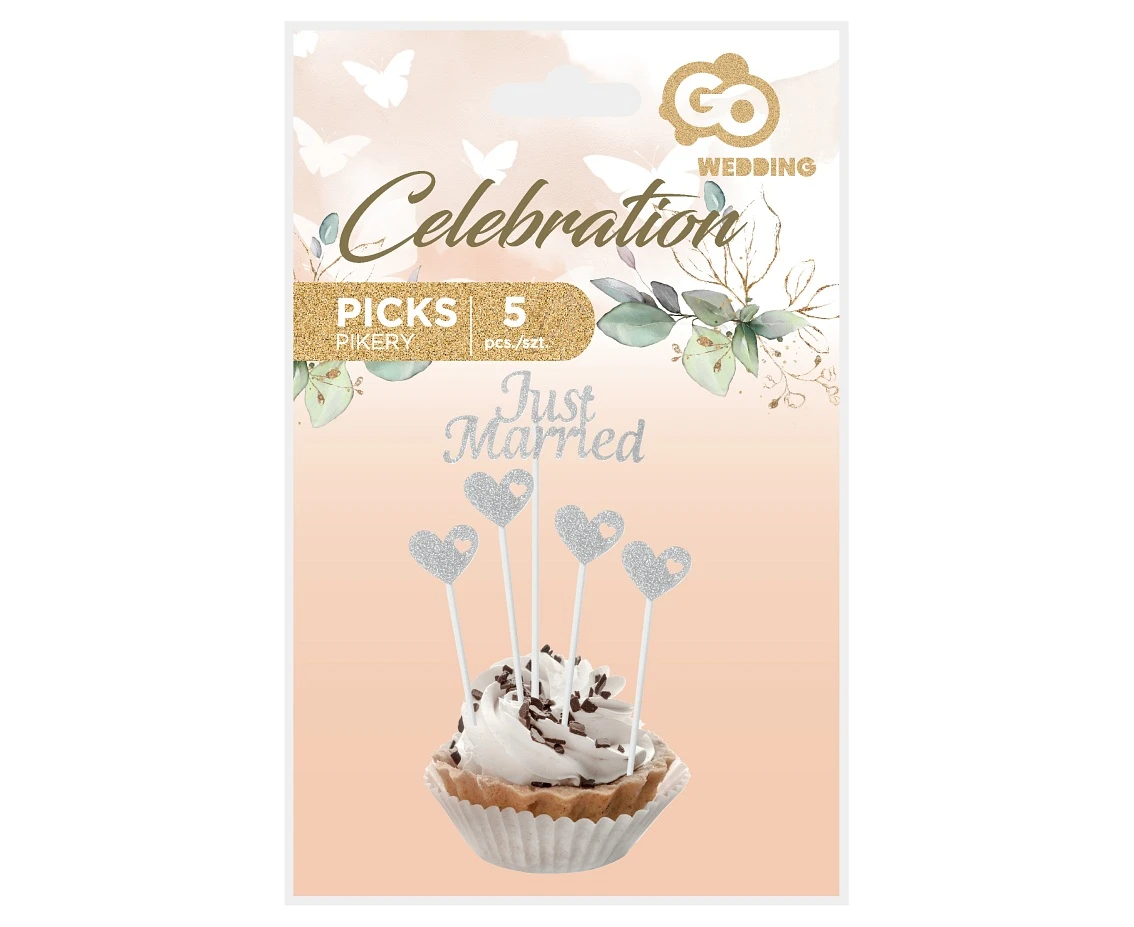 Pikery papierowe W&C Just Married, srebrne brokatowe, 5 szt.