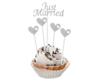 Pikery papierowe W&C Just Married, srebrne brokatowe, 5 szt.