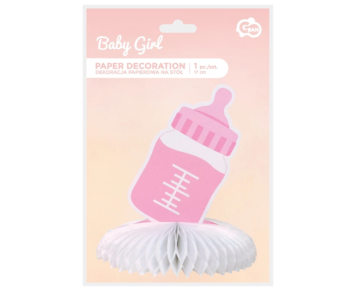 Dekoracja papierowa B&G na stół Baby Girl - butelka, jasnoróżowa, 17 cm