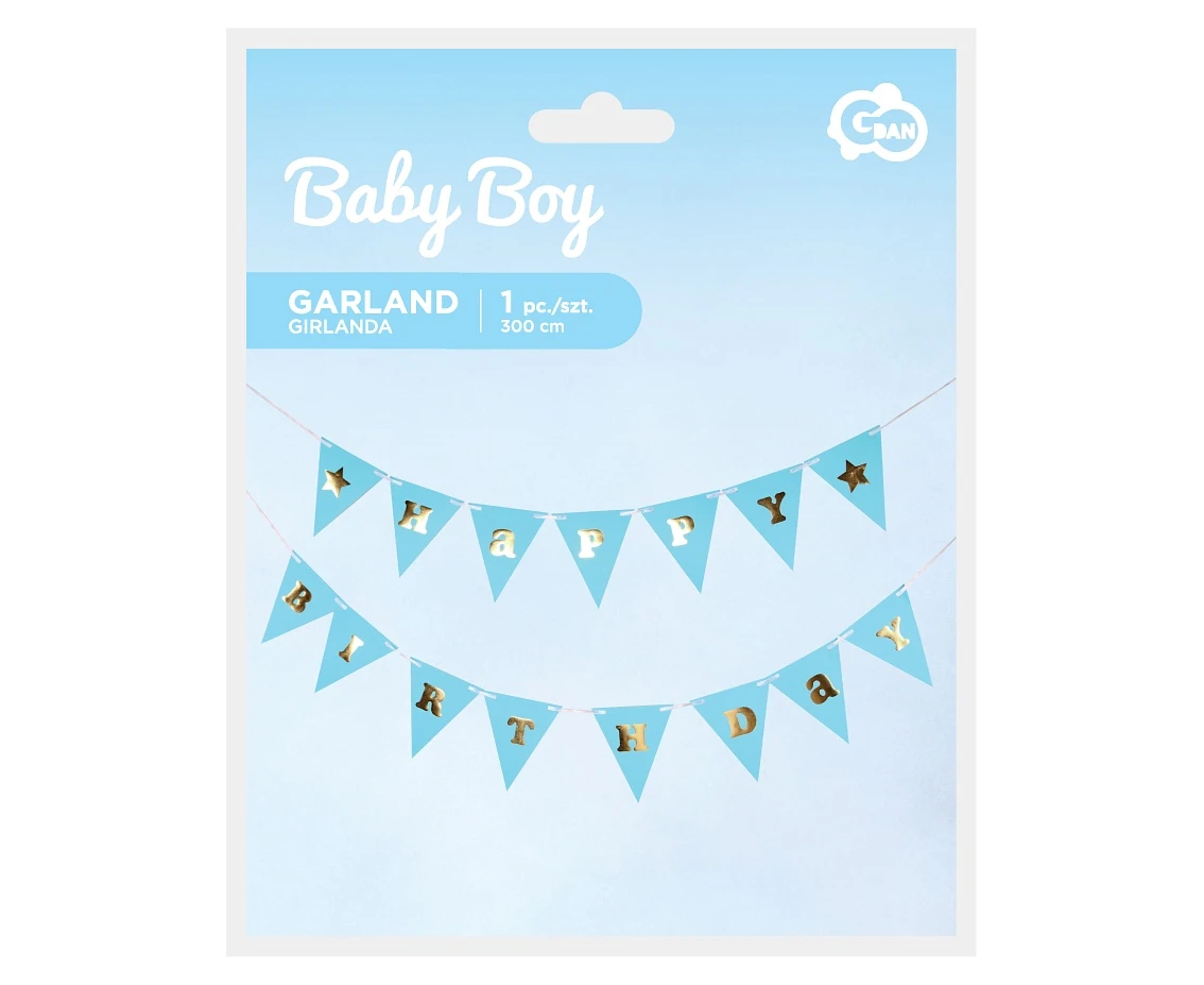 Girlanda papierowa B&G Happy Birthday - Baby Boy, jasnoniebieska, 300 cm, DIY, wys. flagi 17 cm