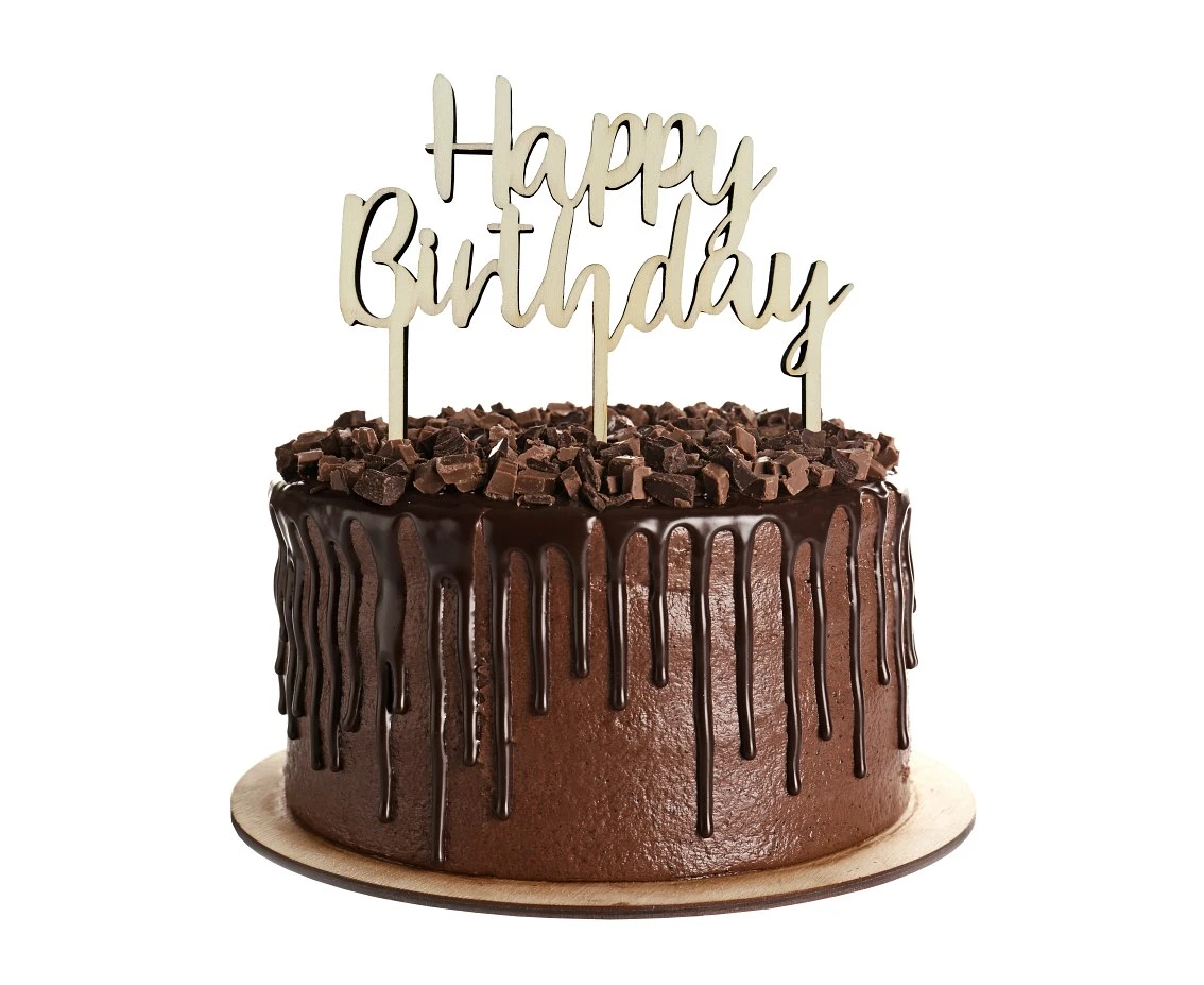 Dekoracja drewniana na tort Happy Birthday, 13x14 cm