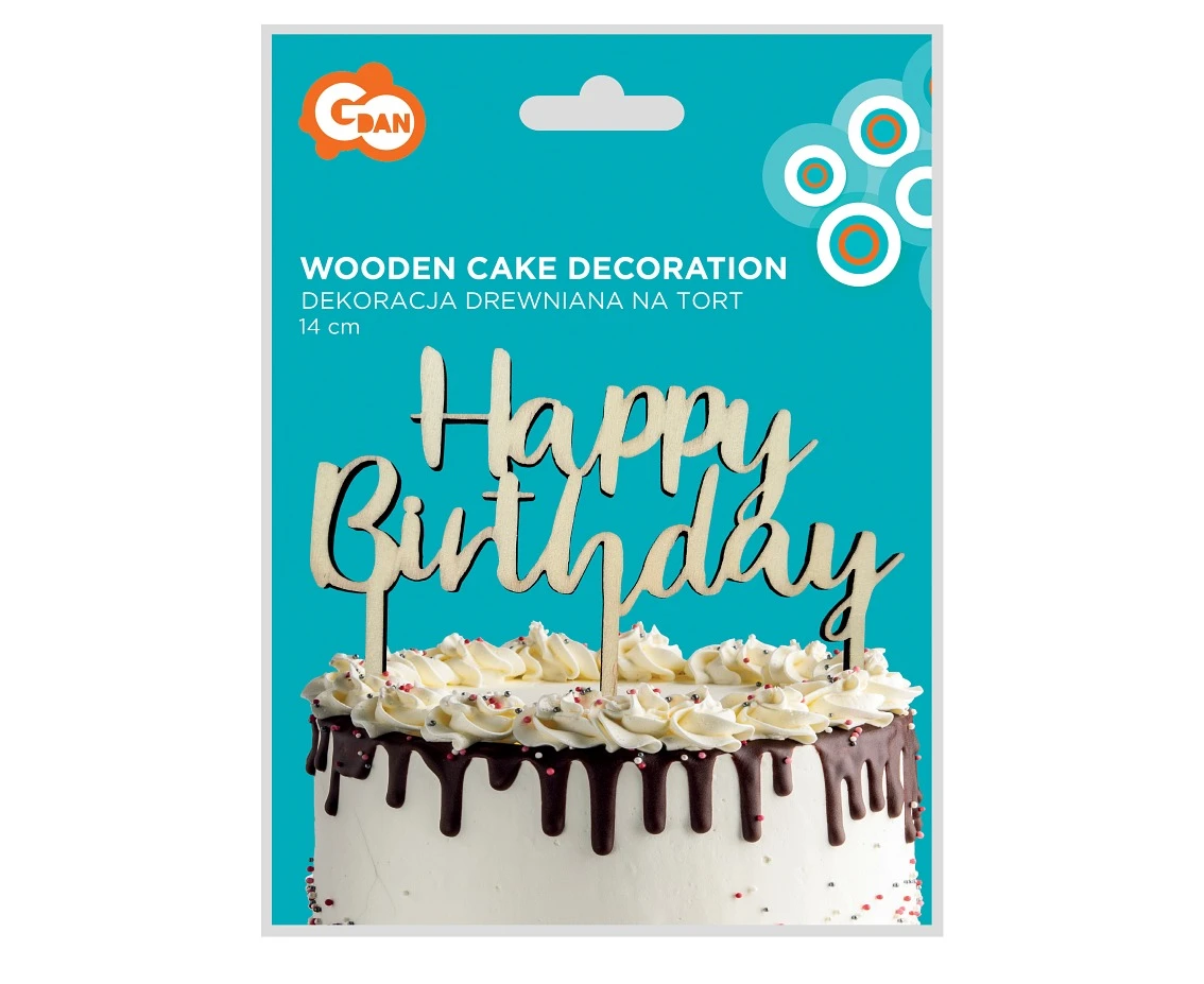 Dekoracja drewniana na tort Happy Birthday, 13x14 cm