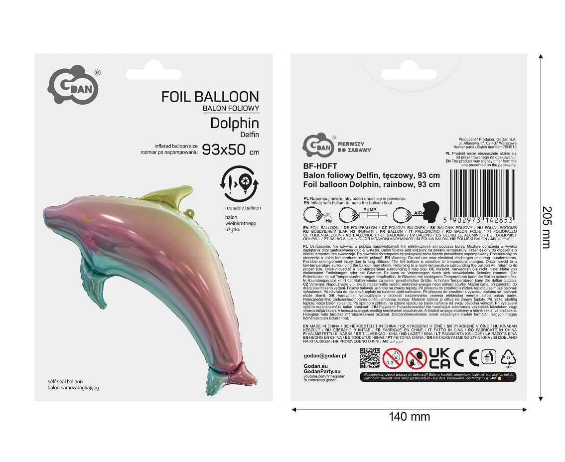 Balon foliowy Delfin, tęczowy, 93 cm