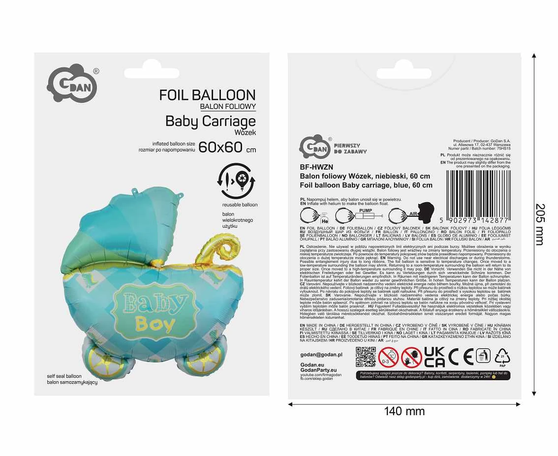 Balon foliowy Wózek, niebieski, 60 cm
