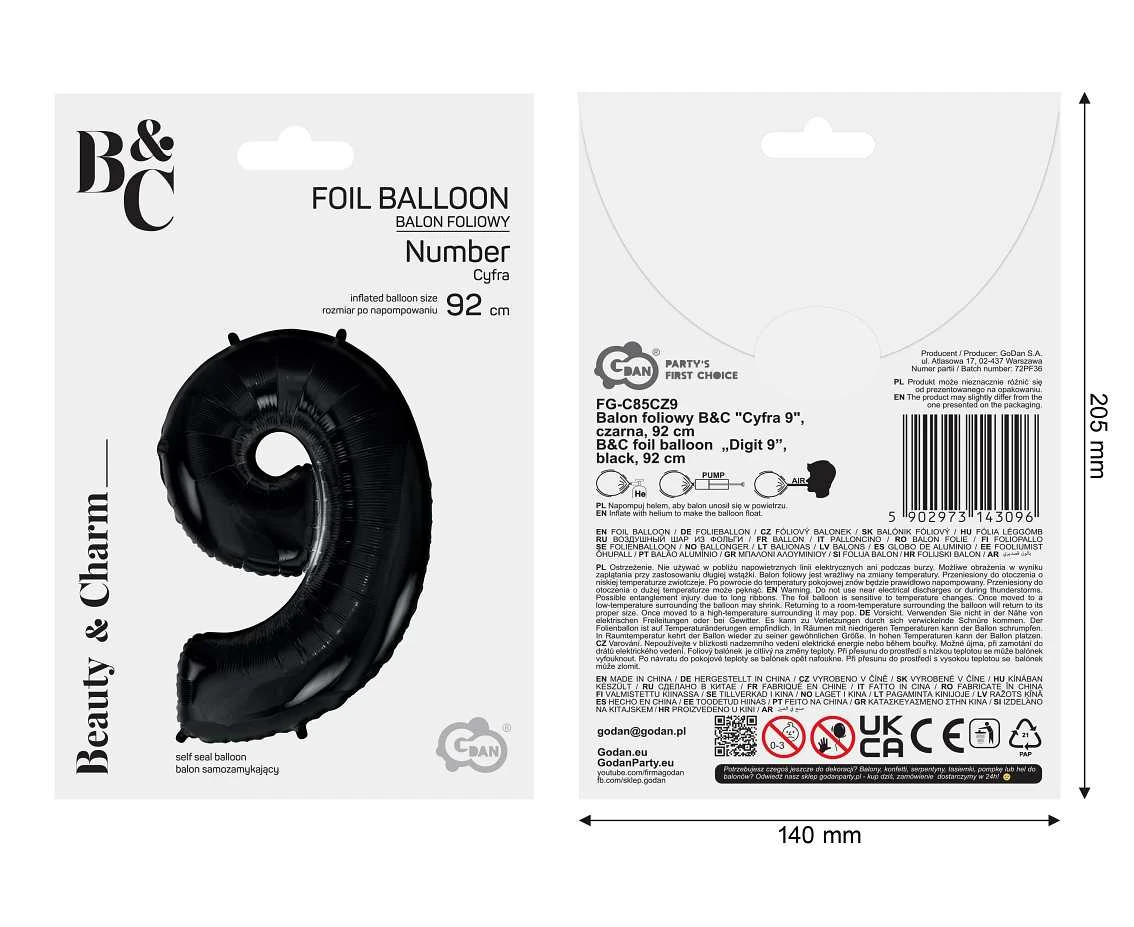 Balon foliowy B&C Cyfra 9 czarna, 92 cm AA