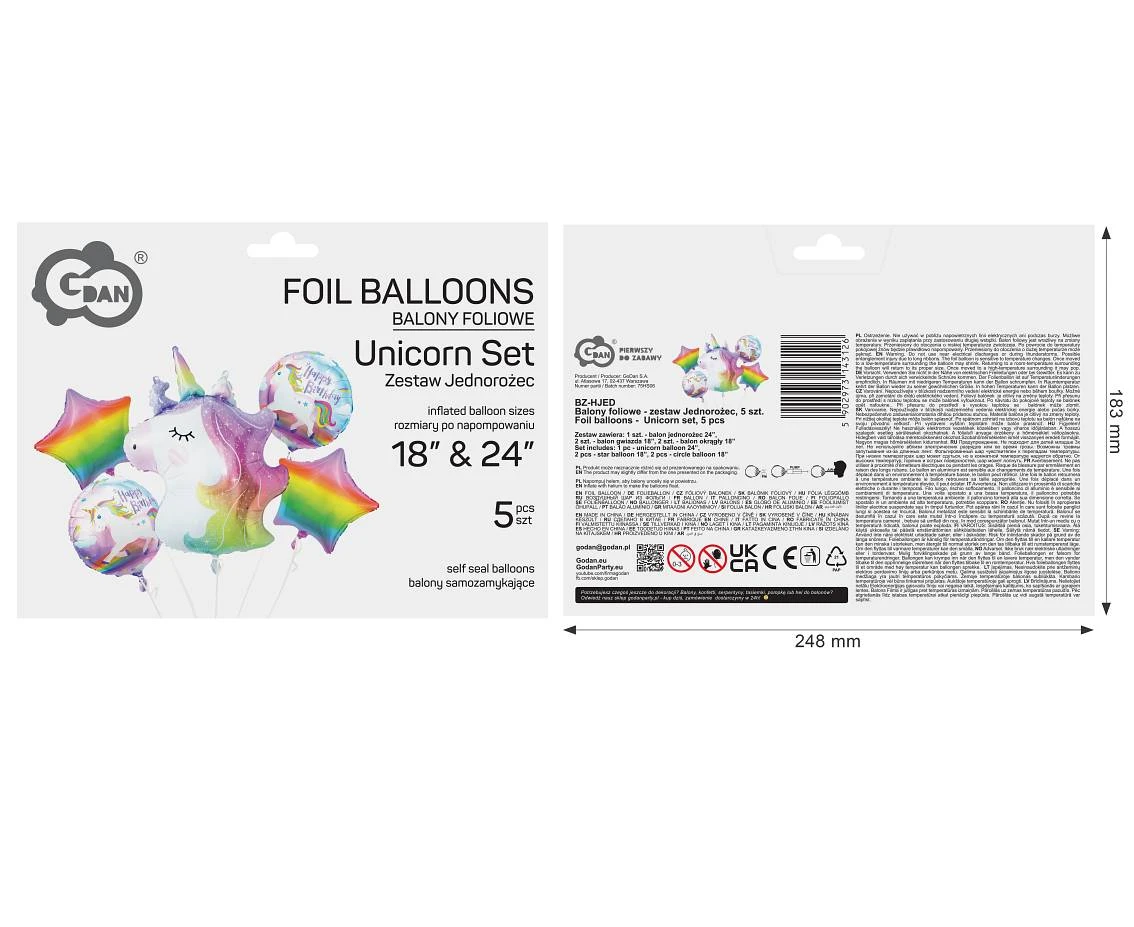 Balony foliowe - zestaw Jednorożec, 5 szt.