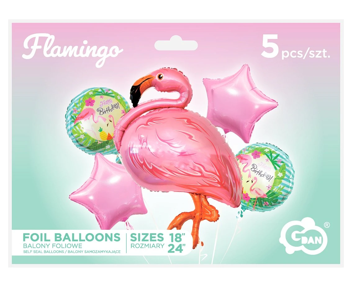 Balony foliowe - zestaw Flaming, 5 szt.