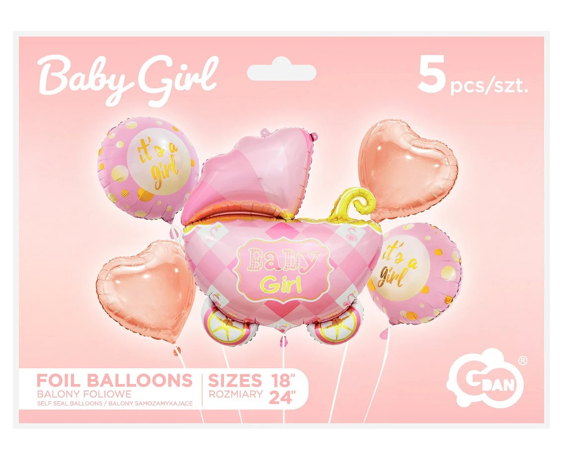 Balony foliowe - zestaw Wózek, różowy, 5 szt. KK