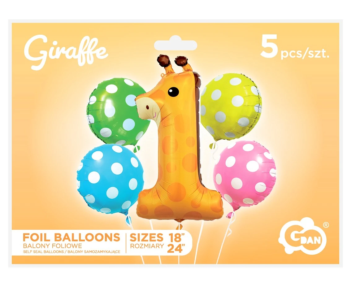 Balony foliowe - zestaw Żyrafa cyfra 1, 5 szt. KK