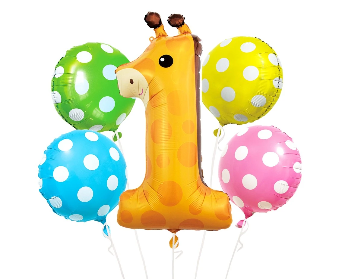 Balony foliowe - zestaw Żyrafa cyfra 1, 5 szt. KK