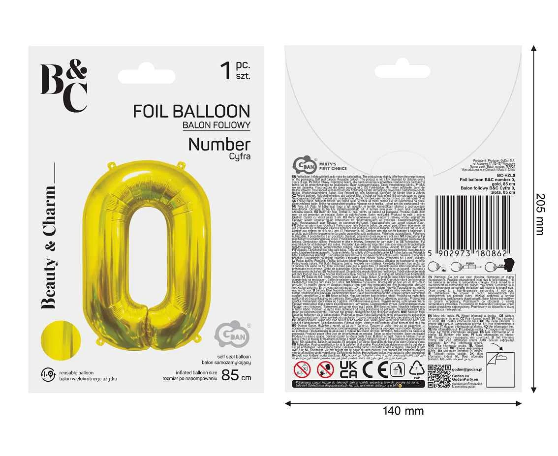 Balon foliowy B&C Cyfra 0, złota, 85 cm AA