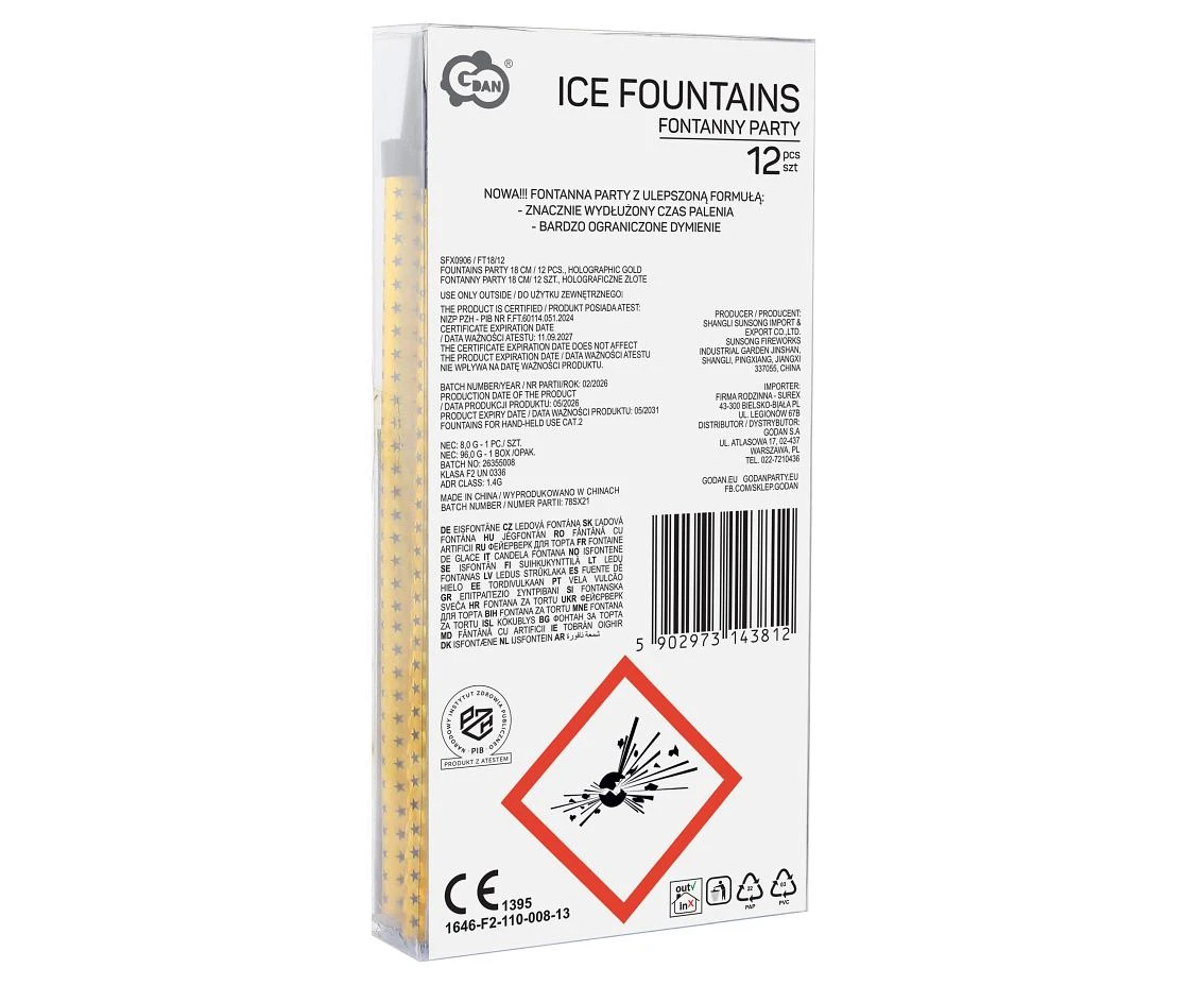 Fontanny party 18 cm/ 12 szt., holograficzne złote