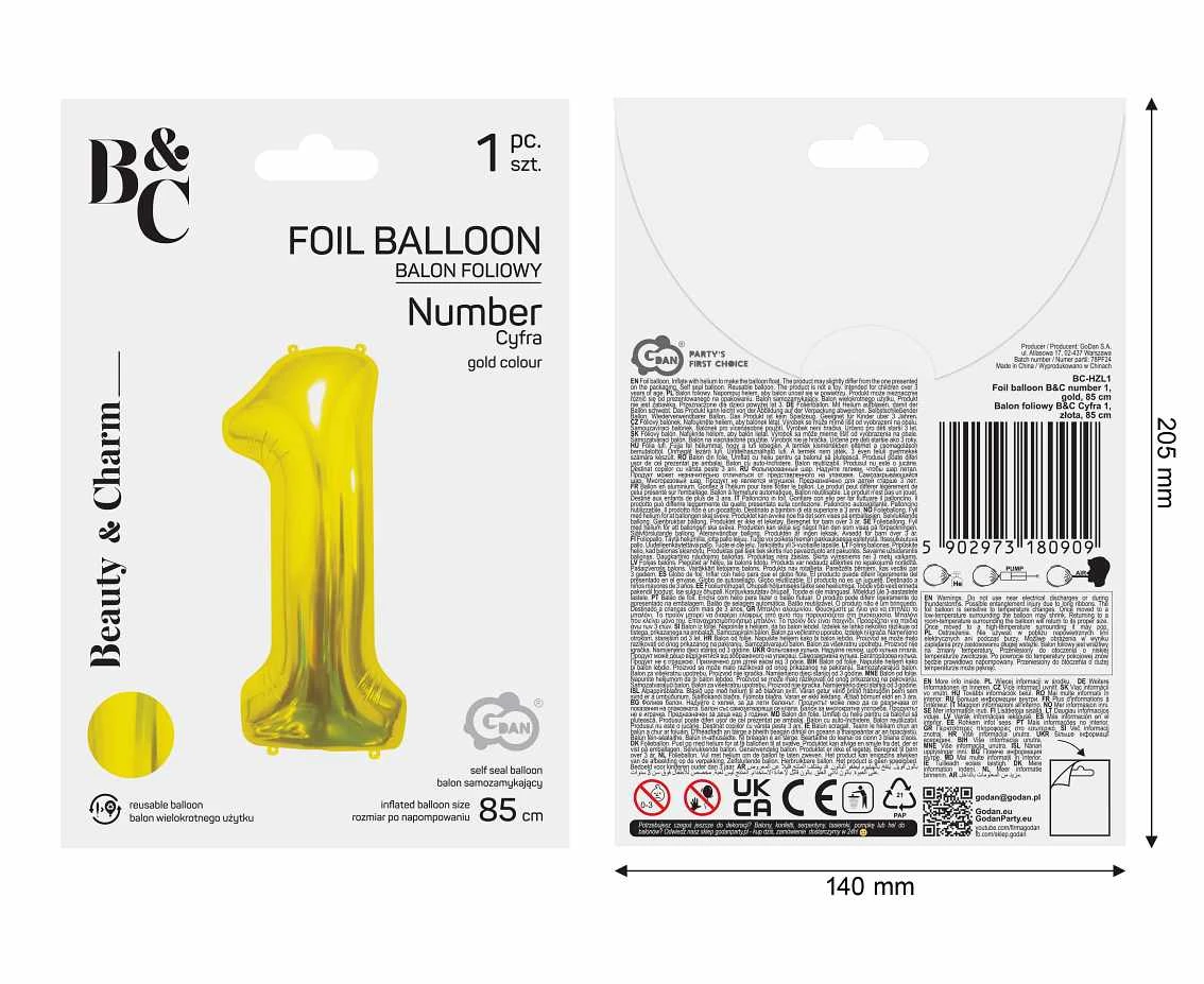 Balon foliowy B&C Cyfra 1, złota, 85 cm AA