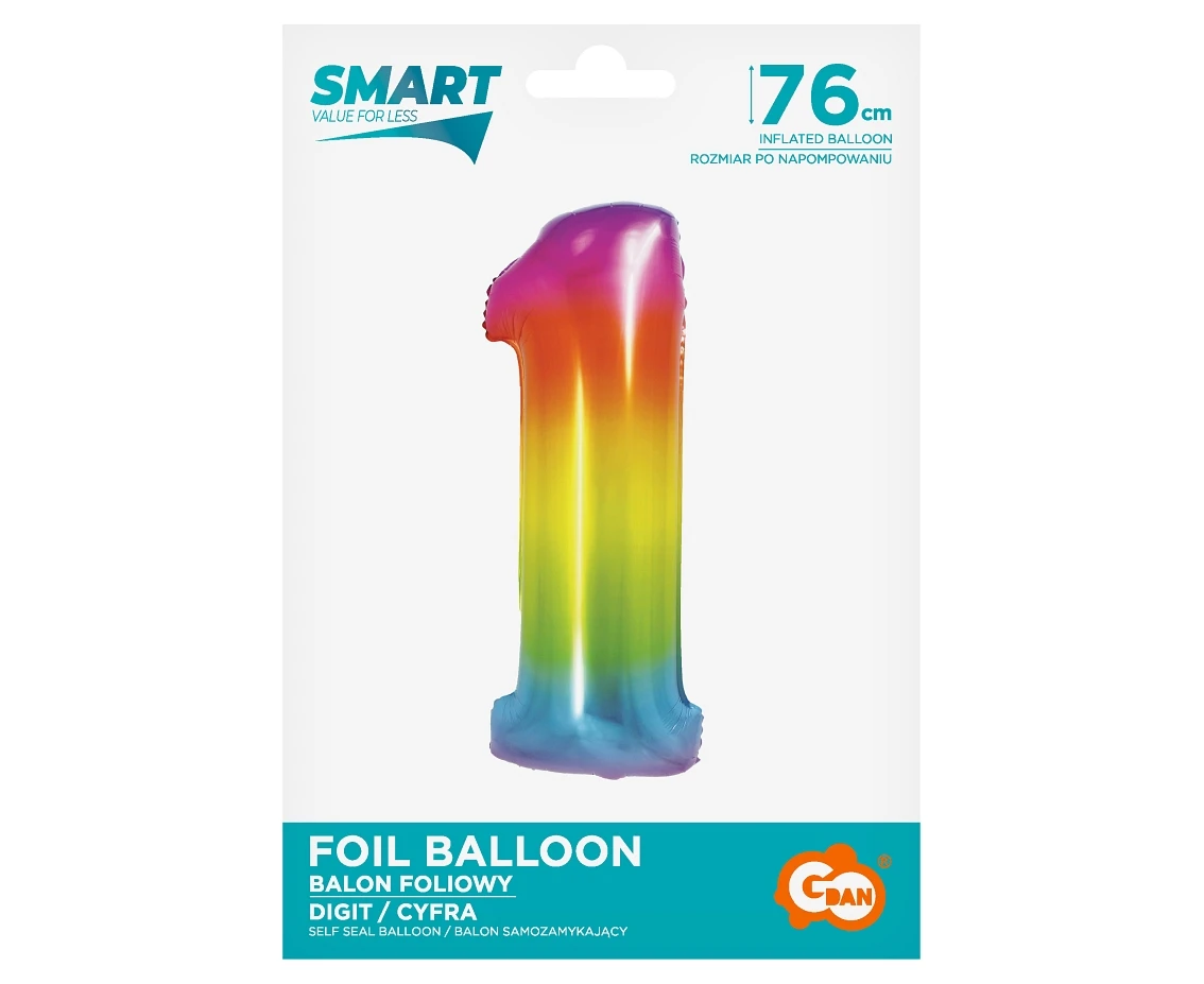 Balon foliowy Smart, Cyfra 1, tęczowa, 76 cm