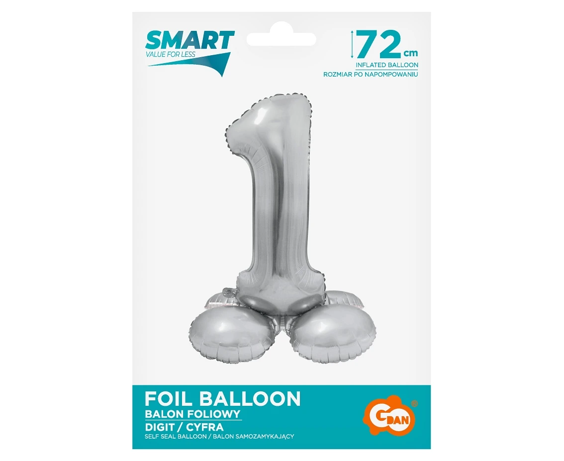 Balon foliowy Smart, Cyfra stojąca 1, srebrna, 72 cm KK