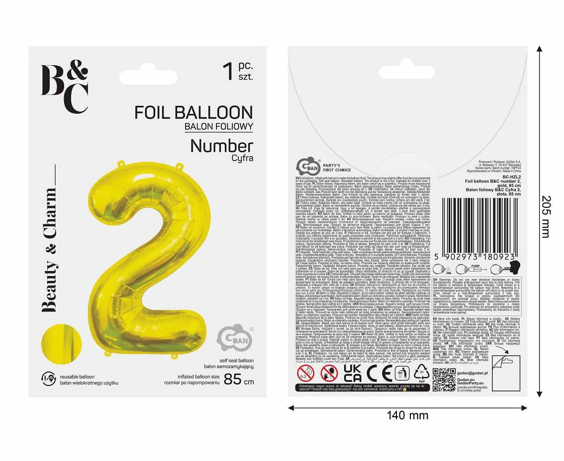 Balon foliowy B&C Cyfra 2, złota, 85 cm AA
