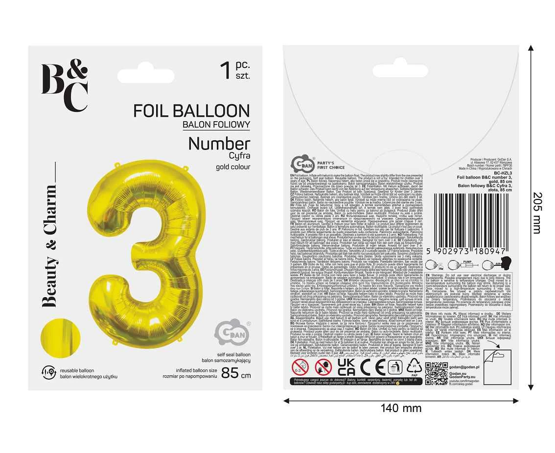Balon foliowy B&C Cyfra 3, złota, 85 cm  AA