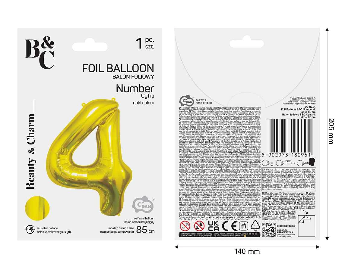 Balon foliowy B&C Cyfra 4, złota, 85 cm AA