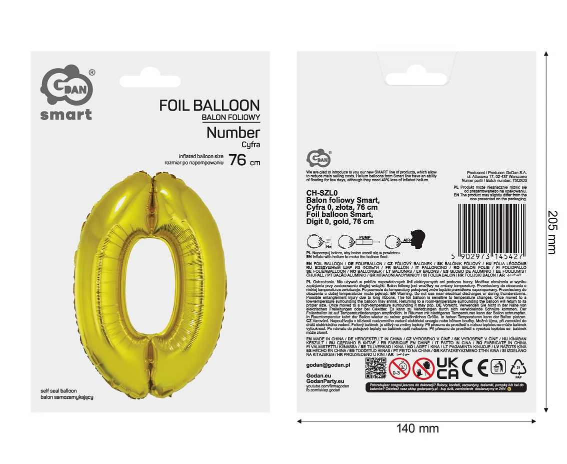 Balon foliowy Smart, Cyfra 0, złota, 76 cm AA