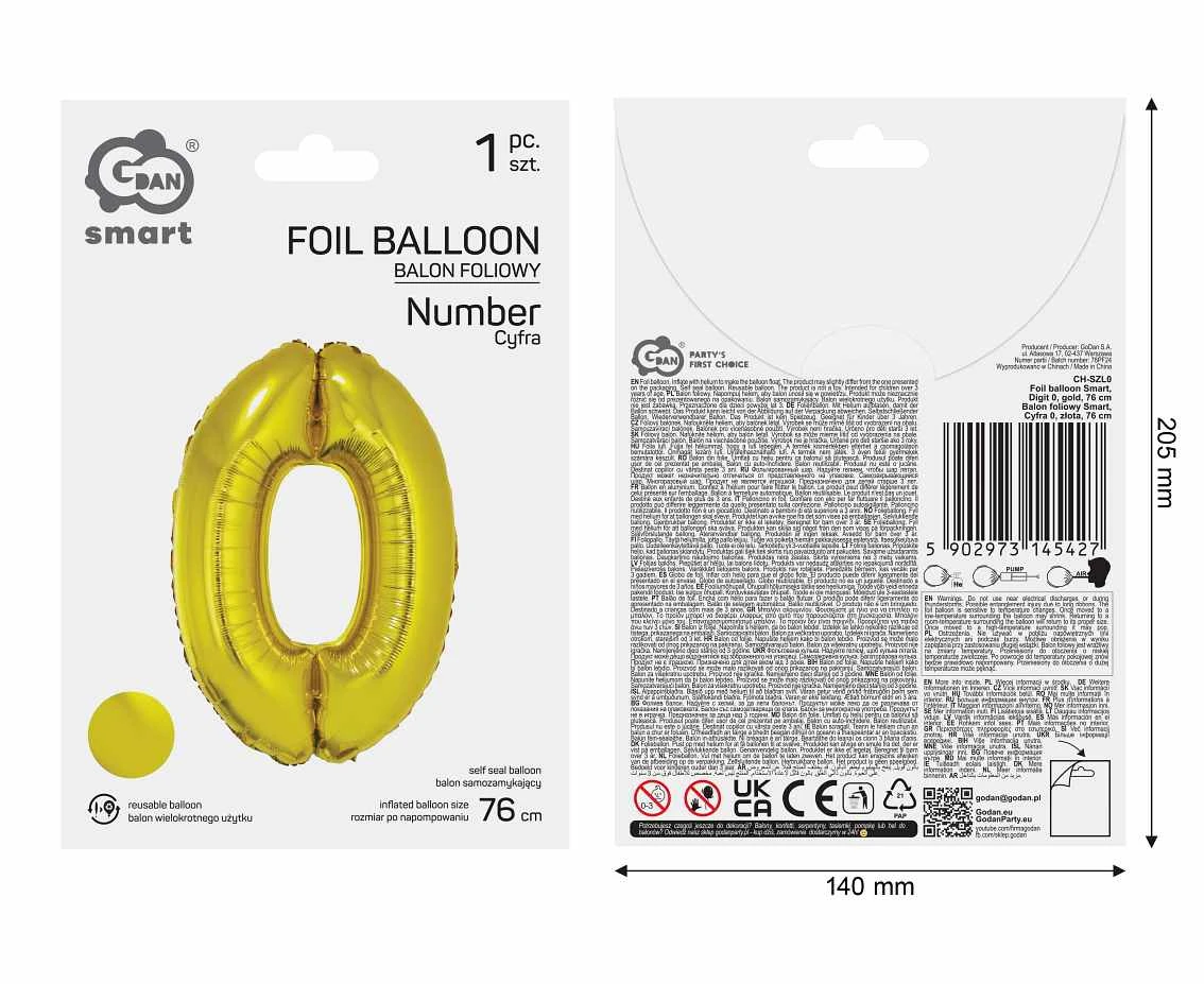 Balon foliowy Smart, Cyfra 0, złota, 76 cm AA