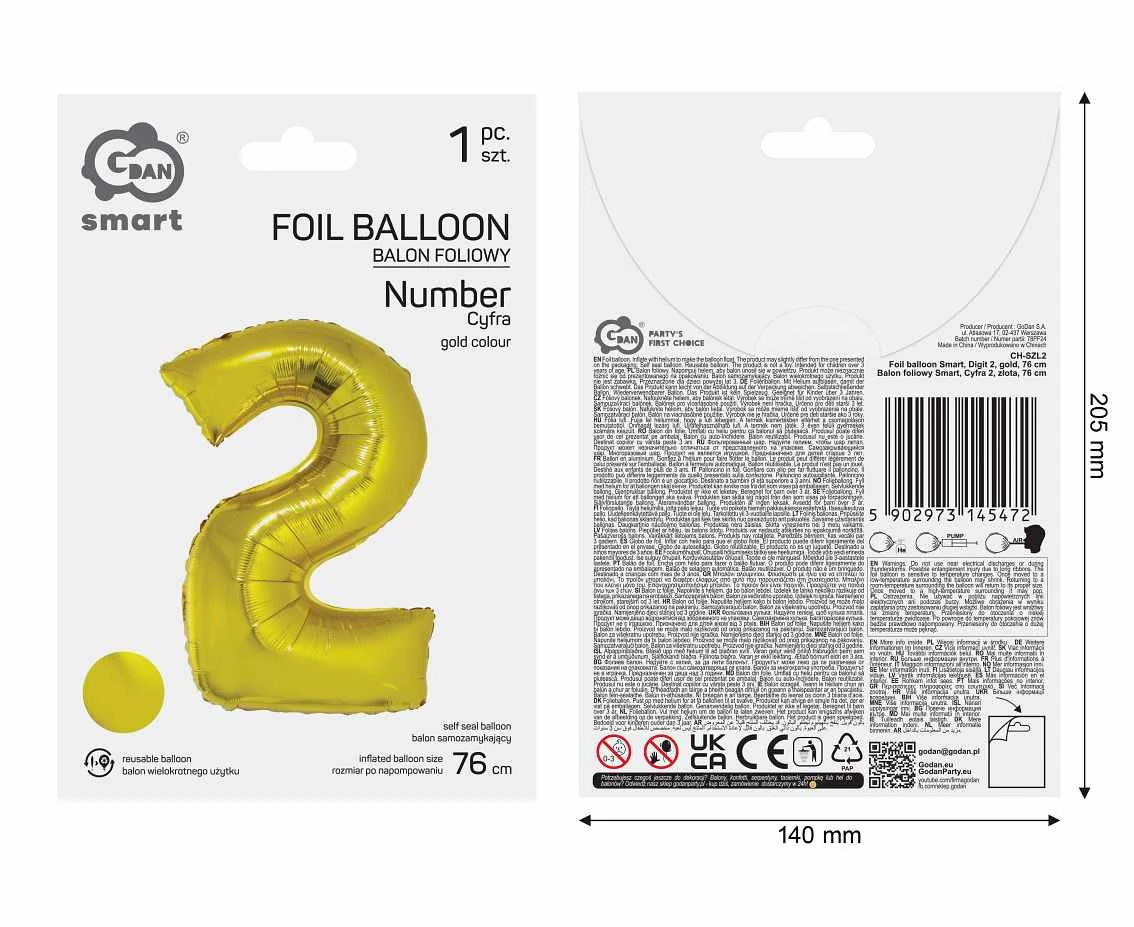 Balon foliowy Smart, Cyfra 2, złota, 76 cm AA
