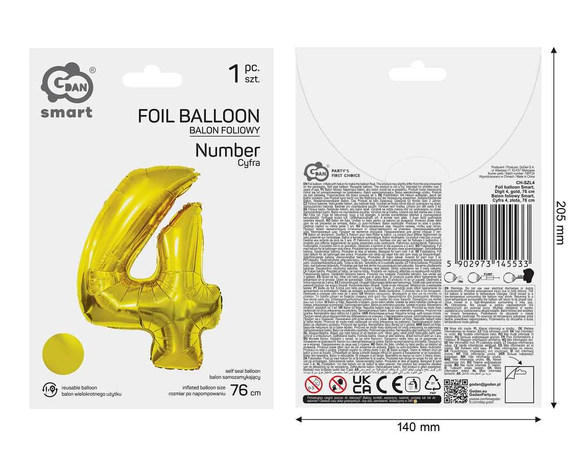 Balon foliowy Smart, Cyfra 4, złota, 76 cm AA